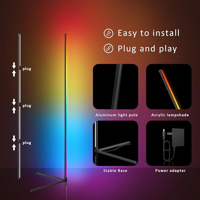 Color Changing LED Corner Lamp - Dimmable Smart Floor Light with App & Music Sync for Gaming & Living Room