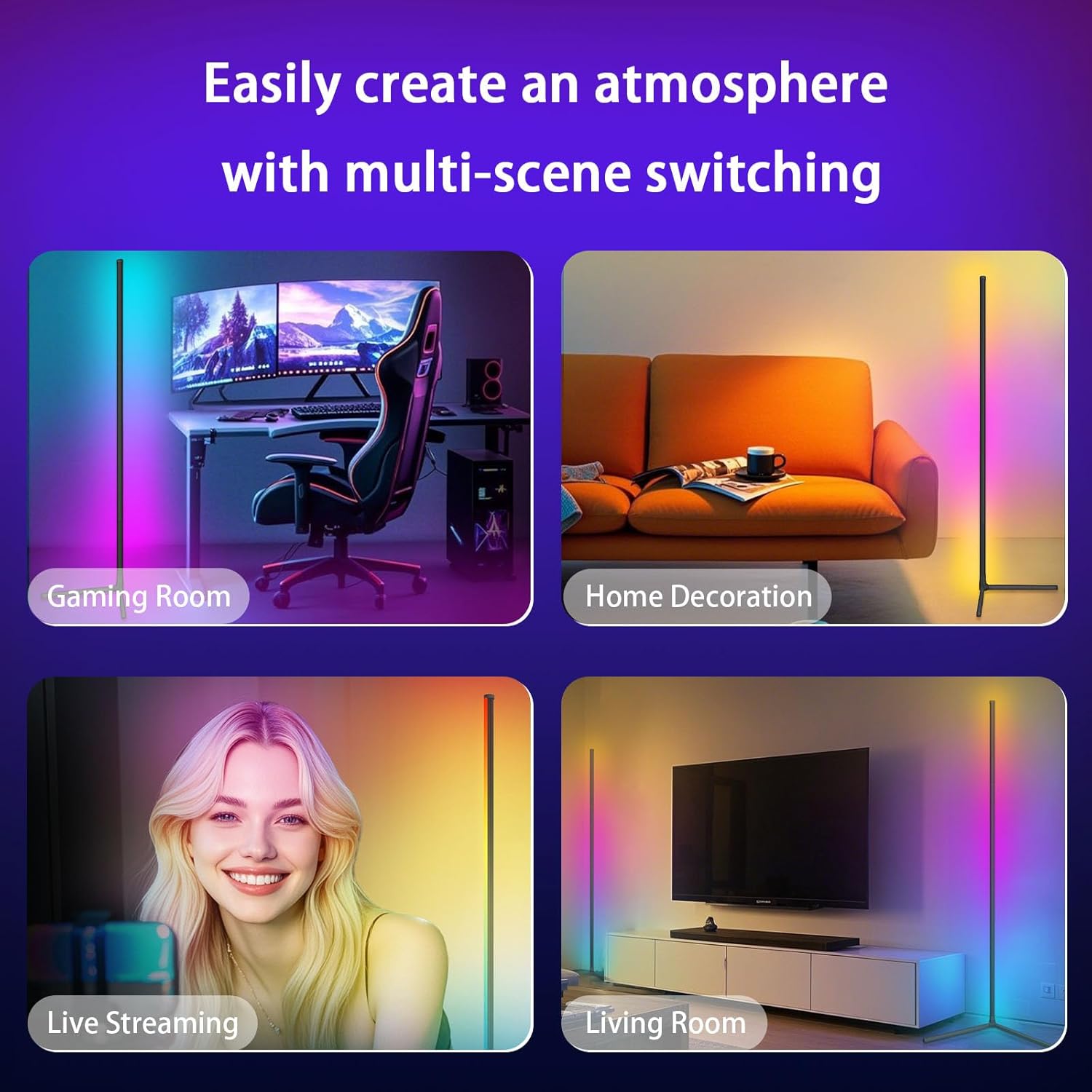 Color Changing LED Corner Lamp - Dimmable Smart Floor Light with App & Music Sync for Gaming & Living Room
