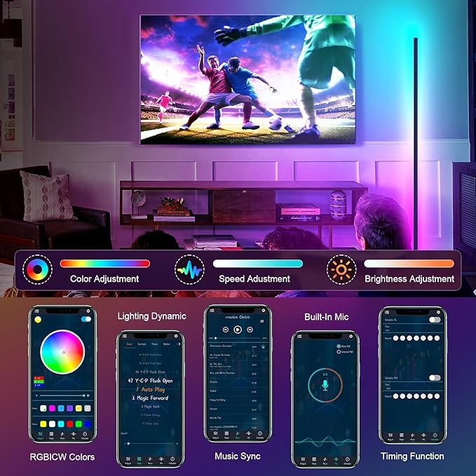 Color Changing LED Corner Lamp - Dimmable Smart Floor Light with App & Music Sync for Gaming & Living Room