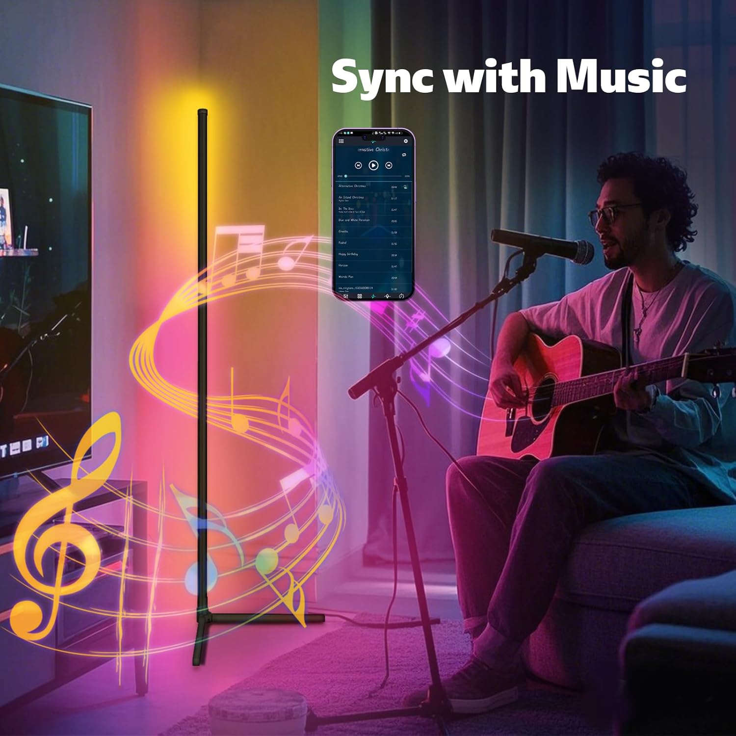 Color Changing LED Corner Lamp - Dimmable Smart Floor Light with App & Music Sync for Gaming & Living Room